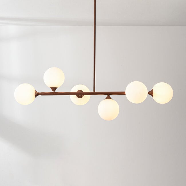 6-light pendant light Aster - brown with opal white glass