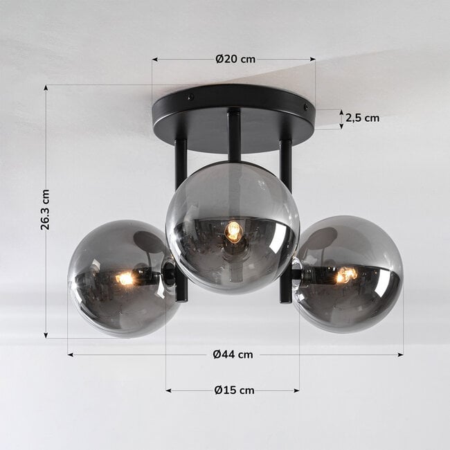 Elora 3-light ceiling light - black with smoked glass