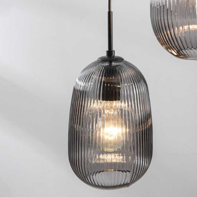 Isara designer lighting pendant lamp with ribbed smoked glass, 3-light