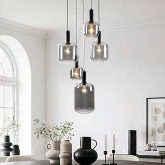 Pendant light Rustique 5-light with smoked glass and black fitting