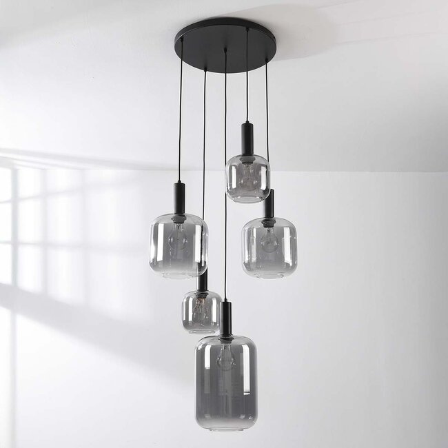 Pendant light Rustique 5-light with smoked glass and black fitting