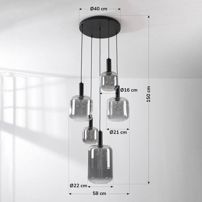 Rustique 5-light pendant lamp with smoked glass and black fixture
