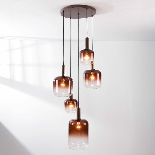 Rustique 5-light pendant light with light brown glass - bronze