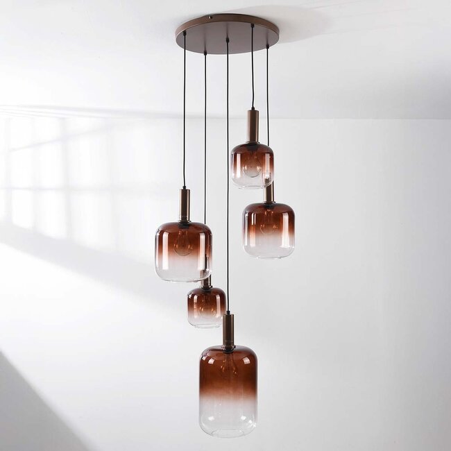 Rustique 5-light pendant light with light brown glass - bronze