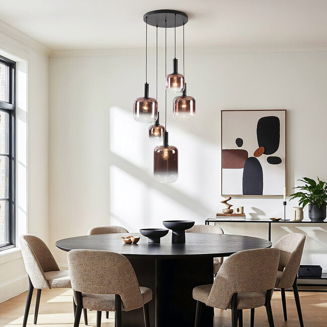 Rustique 5-light pendant lamp with dark brown glass