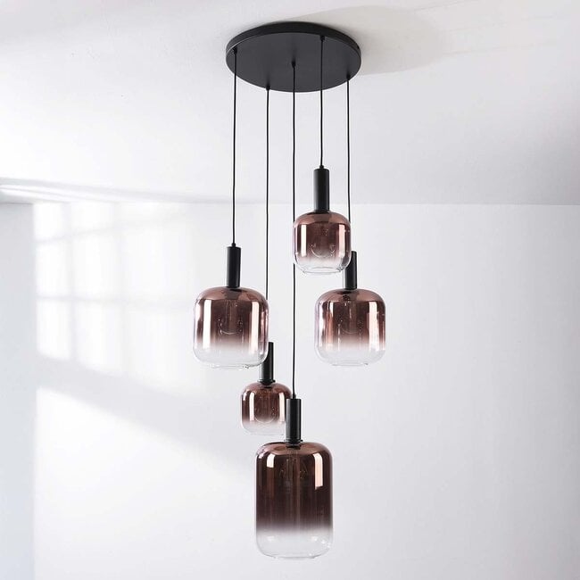 Rustique 5-light pendant light - black with dark brown glass