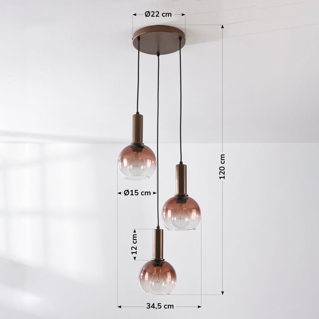 Dijon pendant lamp in brown with three glass spheres with ombre effect