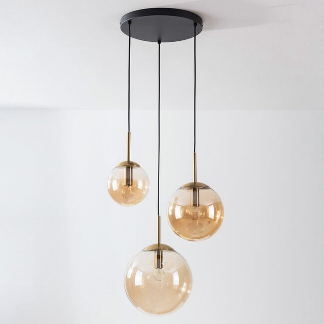 Marui pendant lamp with three Amber glass spheres and Golden accents