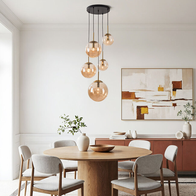 5-light Marui pendant lamp with amber glass globes and gold accents