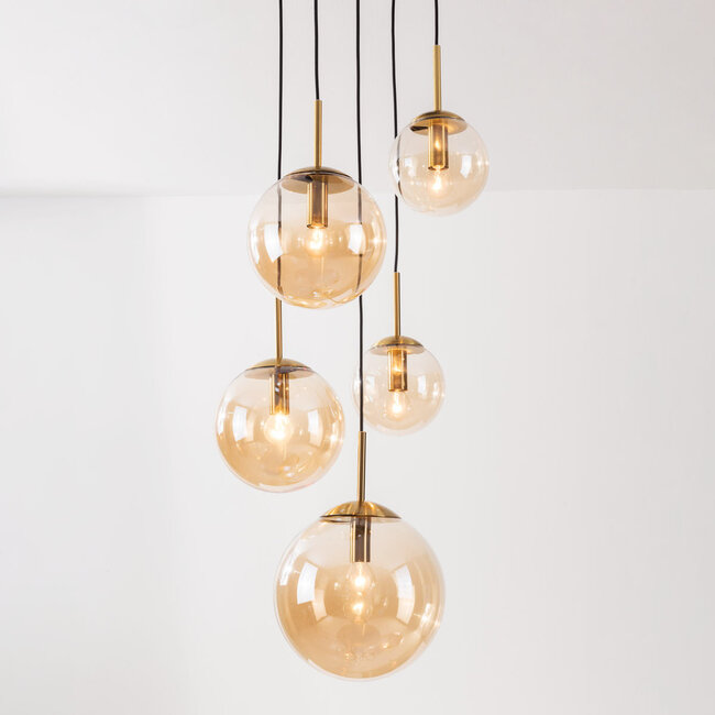 5-light Marui pendant lamp with amber glass globes and gold accents