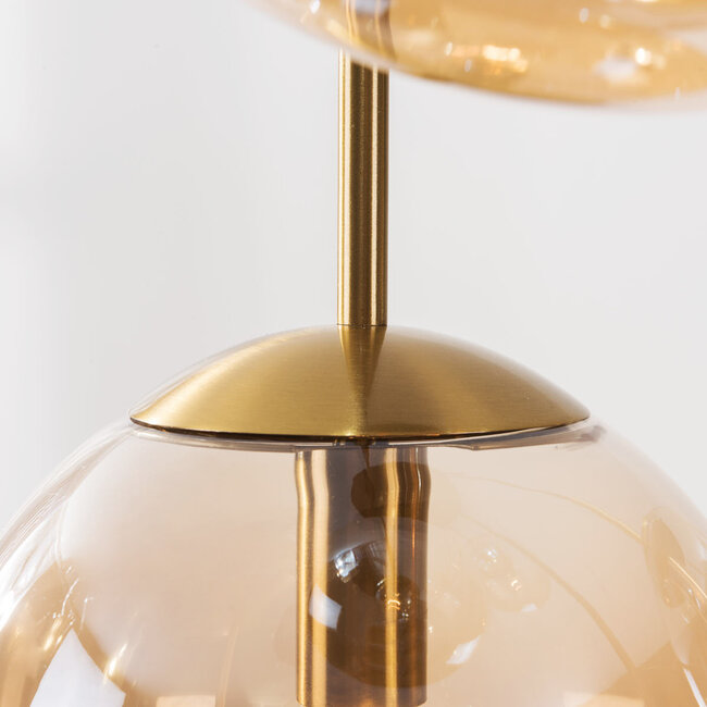5-light Marui pendant lamp with amber glass globes and gold accents