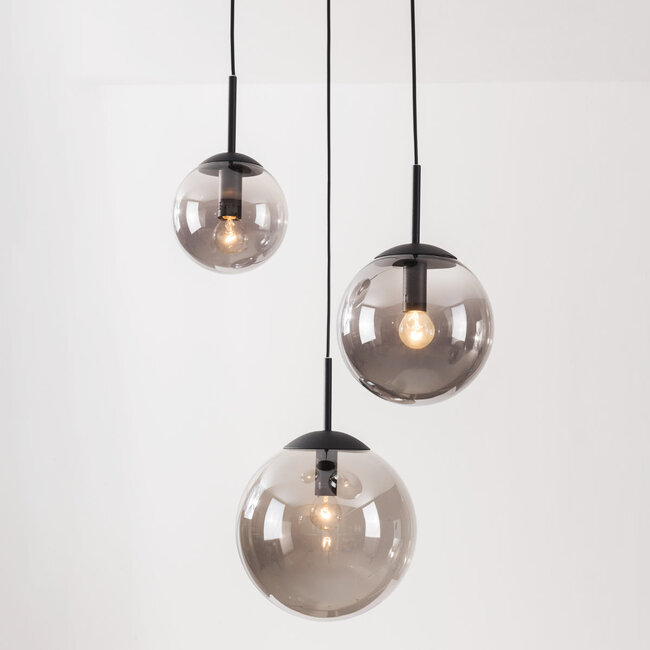 Modern Marui pendant lamp in black with three smoked glass globes