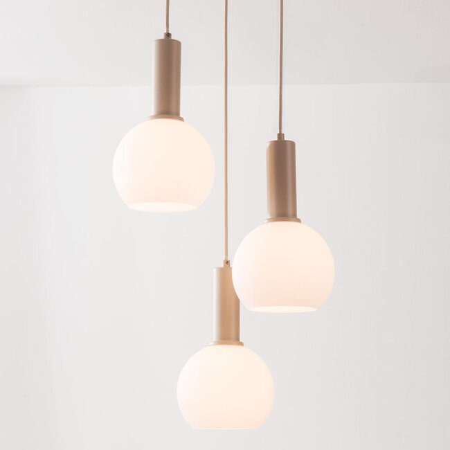 3-light beige Imme pendant lamp with opal white glass shades