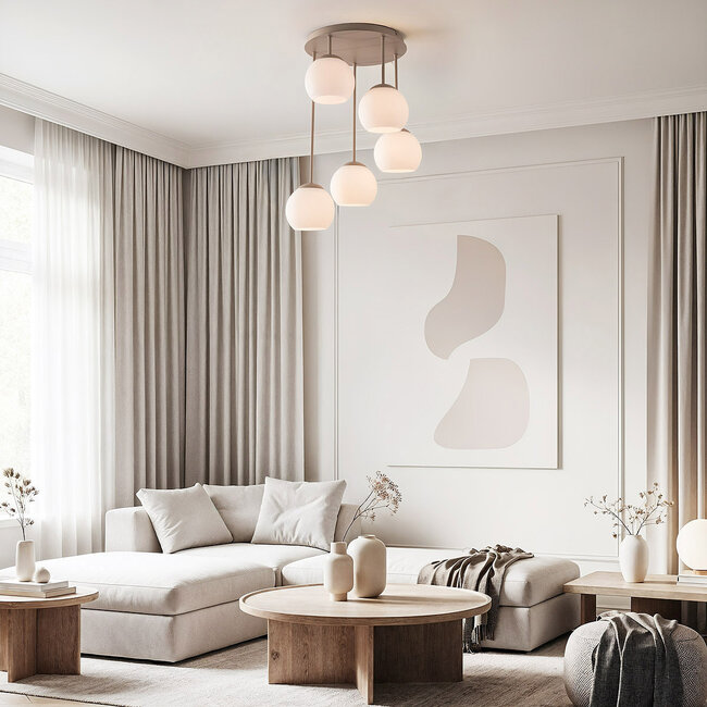 Modern beige Carato 5-light ceiling lamp with opal white glass globes