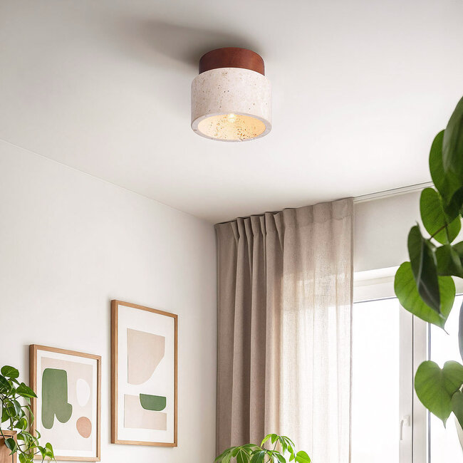 Khada travertine (natural stone) and wood ceiling light