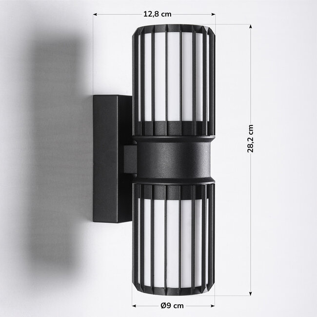 Black 2-light wall light Tazio with glass shade and vertical bars