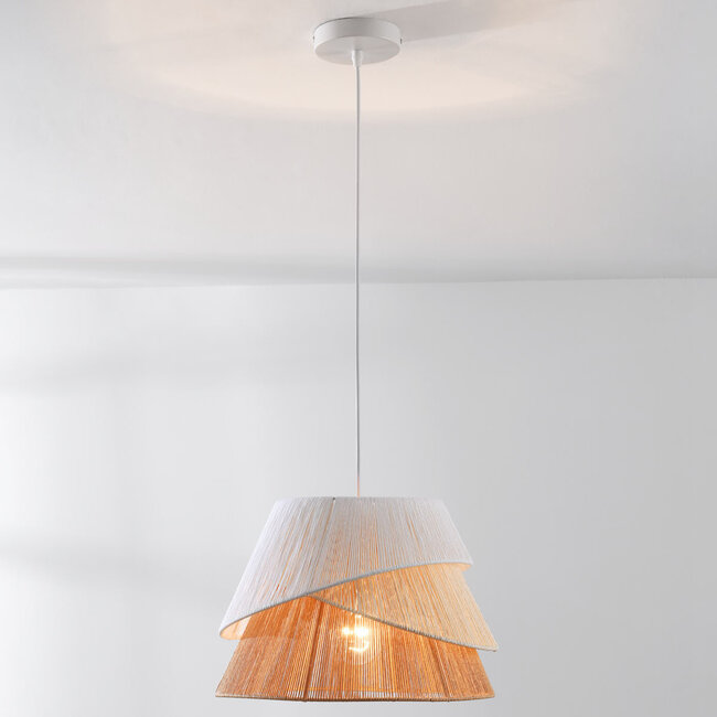 Toku Pendant Light with layers of woven paper in natural tones