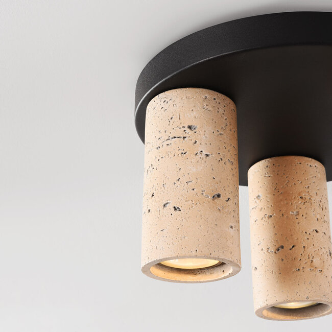 Cova Ceiling light with a warm travertine look and three spotlights