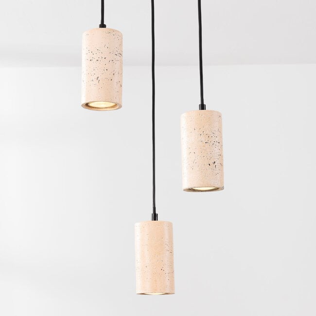 3-light pendant light Velea with spotlights in a warm travertine look