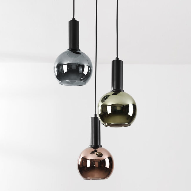 Designer lighting pendant light Imme with grey-blue smoked glass, green and copper glass – 3-light