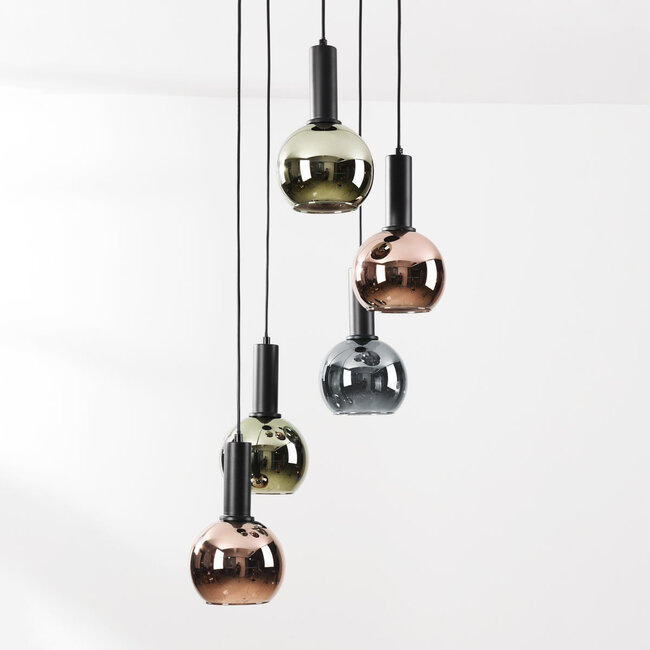 5-light designer pendant lamp Imme with grey-blue Smoked, green and copper glass