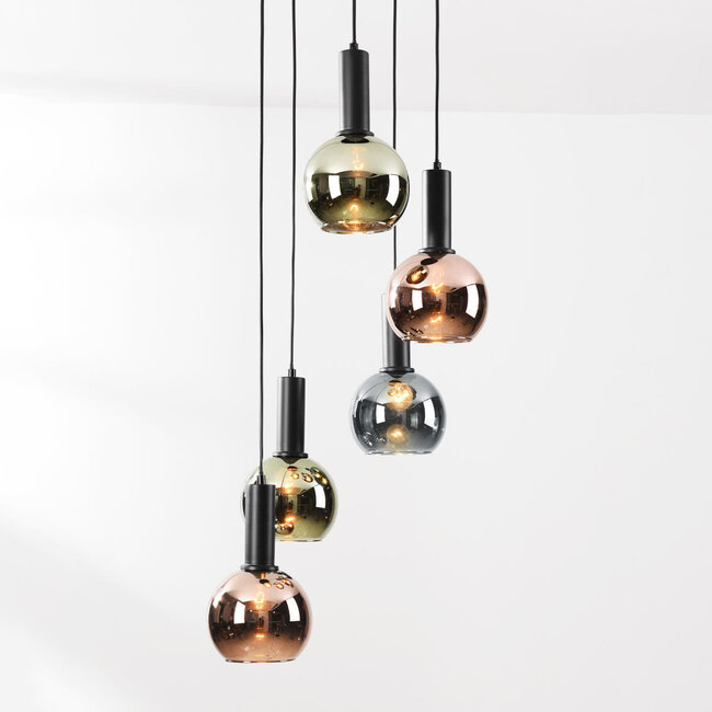 5-light designer pendant lamp Imme with grey-blue Smoked, green and copper glass