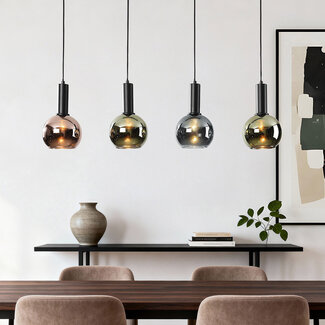 4-light pendant lamp Imke with grey-blue Smoked, green and copper glass