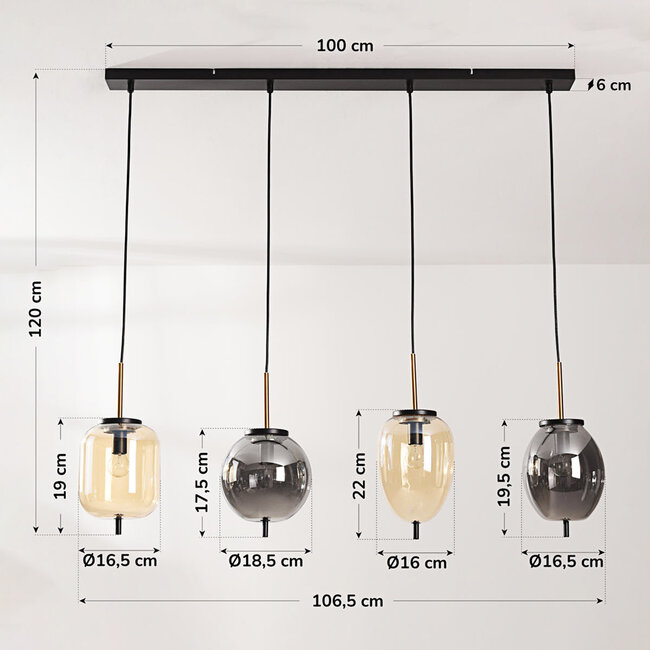 4-light pendant lamp Delia with smoked and light amber glass and gold accents