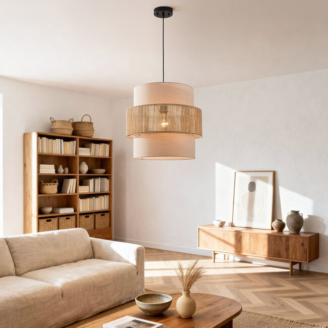 Boho pendant lamp Nyra with paper cord and fabric shade