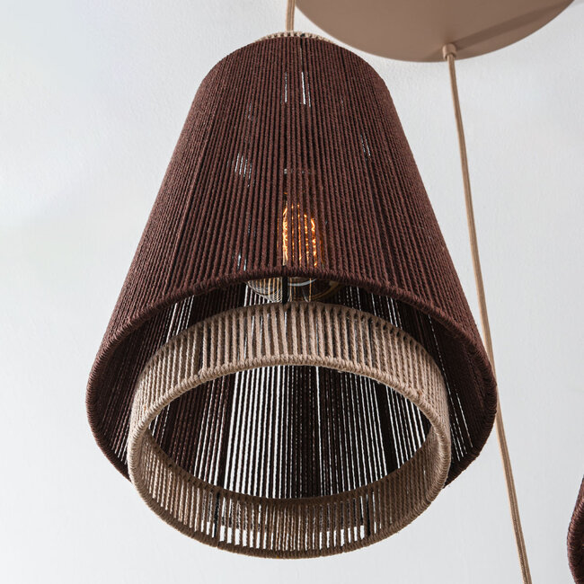 Boho 3-light pendant lamp Yra with cotton rope in warm Taupe and dark brown