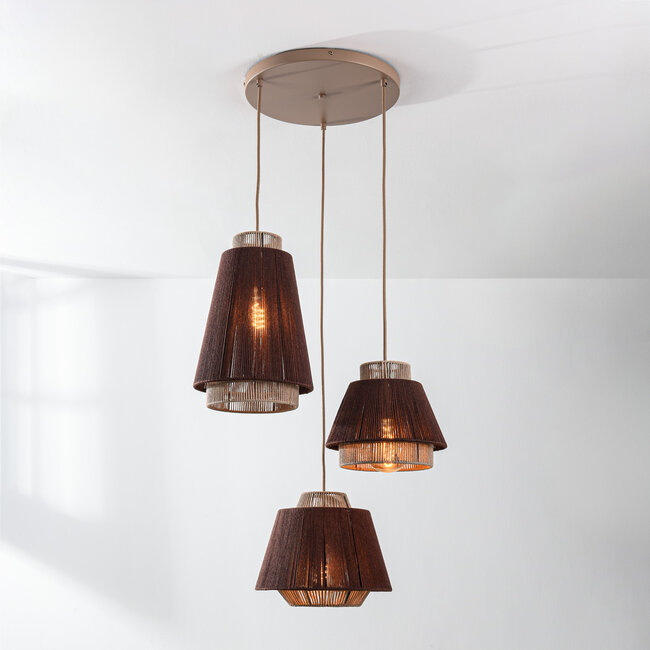 Boho 3-light pendant lamp Yra with cotton rope in warm Taupe and dark brown