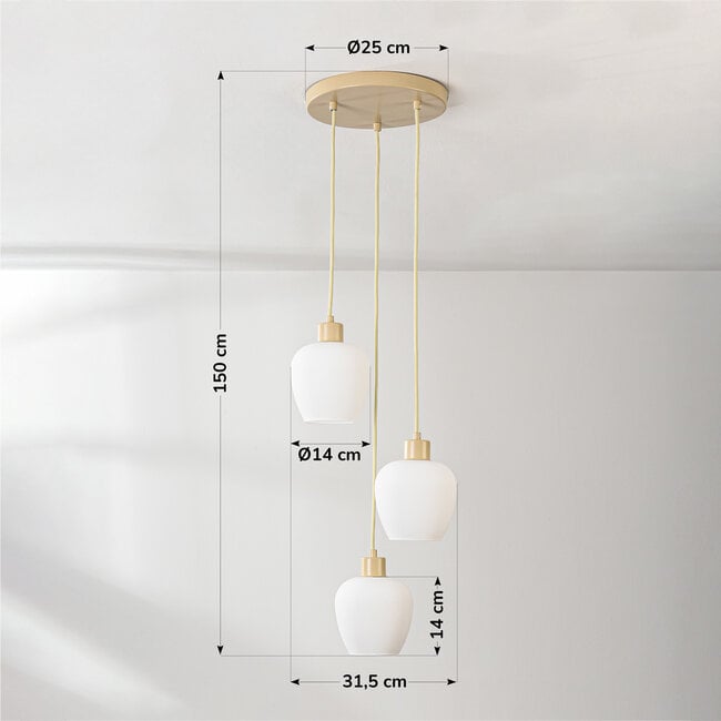 3-light pendant light Stockton - beige with opal white glass