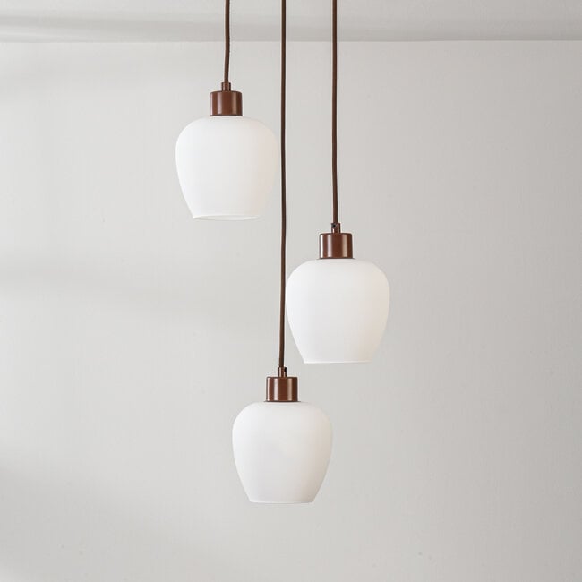 3-light pendant light Stockton - brown with opal white glass