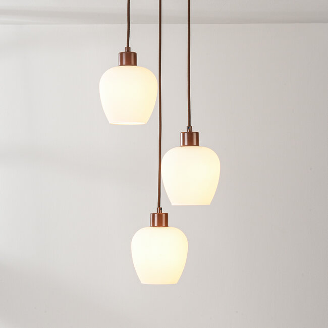 3-light pendant light Stockton - brown with opal white glass
