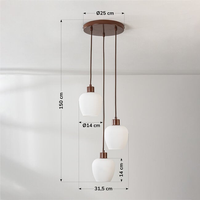 3-light pendant light Stockton - brown with opal white glass
