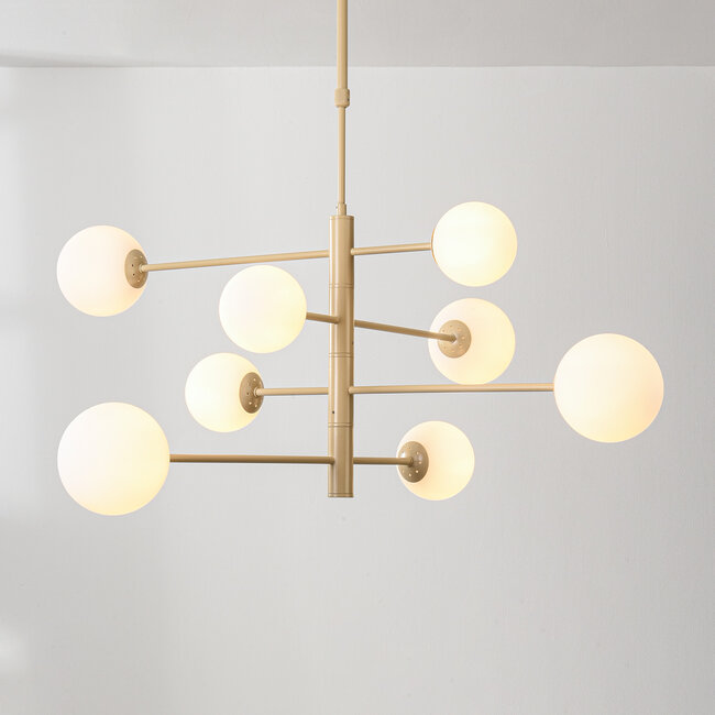 8-light ceiling light Oito - beige with opal white glass, adjustable