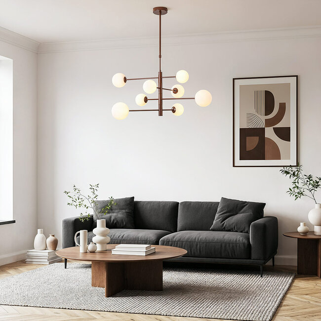 Oito ceiling lamp, brown with opal white glass and swivel, 8-light