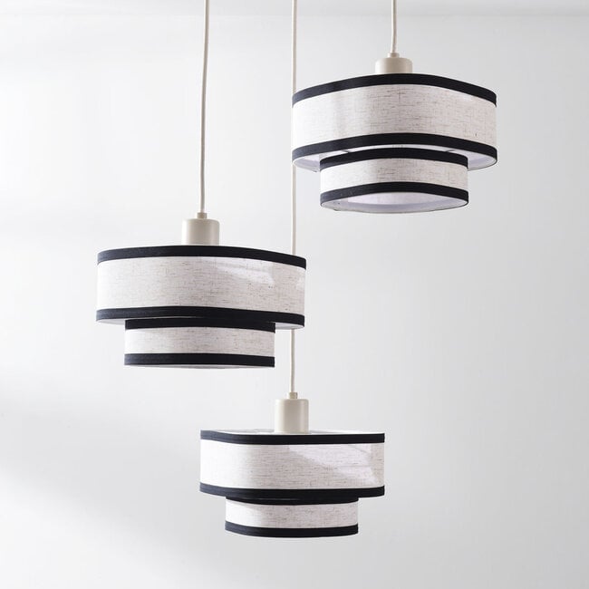 3-light pendant light Luxin with double linen shades - off-white with black accents