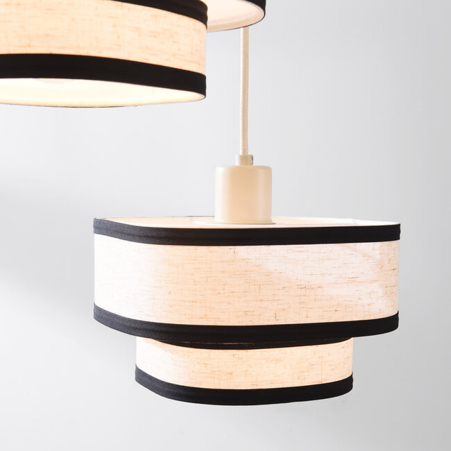 3-light Luxin pendant lamp with double linen shades – off-white with black accents