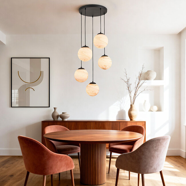 5-light modern pendant lamp Marbelle Black with marble-look glass