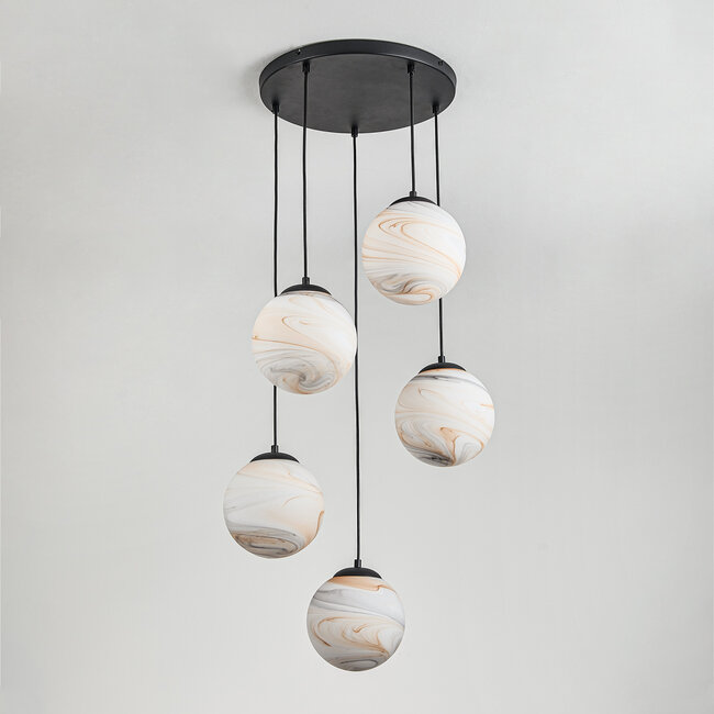 5-light modern pendant light Marbelle black with marble-effect glass