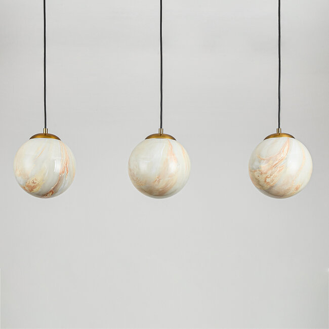 Tessra Pendant Light with three marble-effect globes and brass golden accents