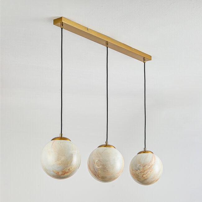 Tessra Pendant Light with three marble-effect globes and brass golden accents