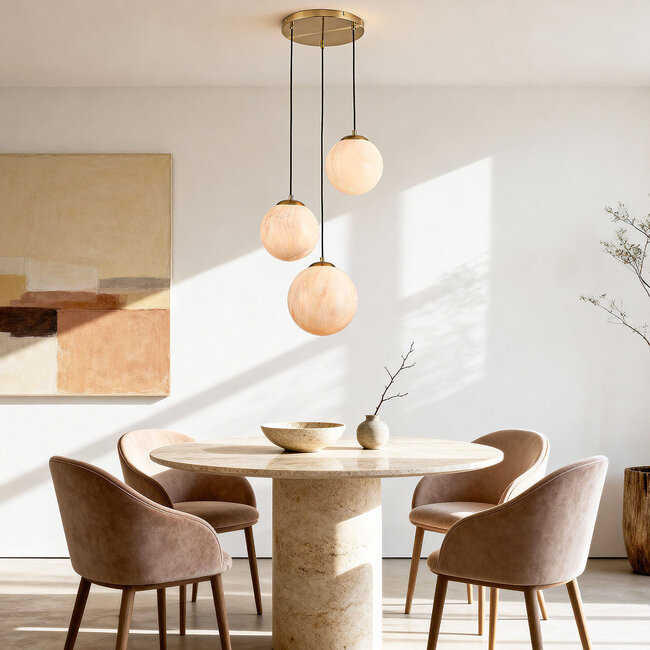 Tessra pendant lamp with marble-look glass, 3-light – brass gold