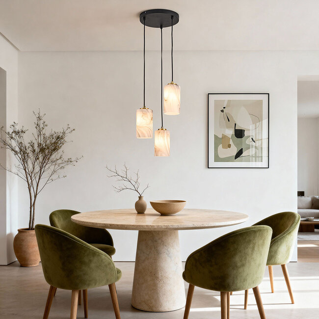 3-light pendant lamp Vetra with marble-look glass shades – brass gold and black