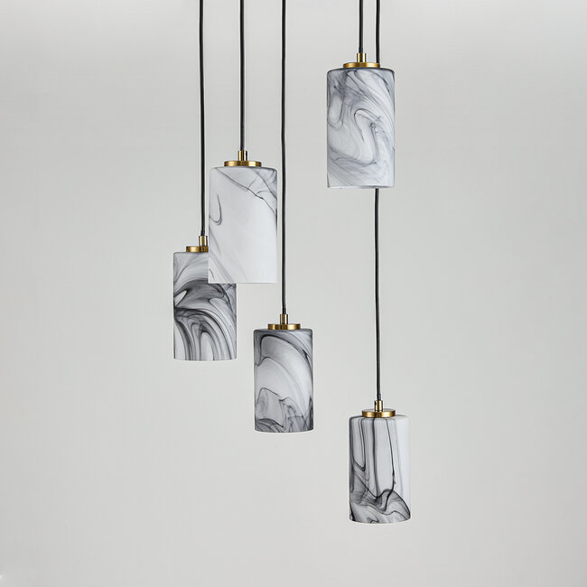 Modern Vetra 5-light pendant lamp with marble-look glass shades – brass Gold and black
