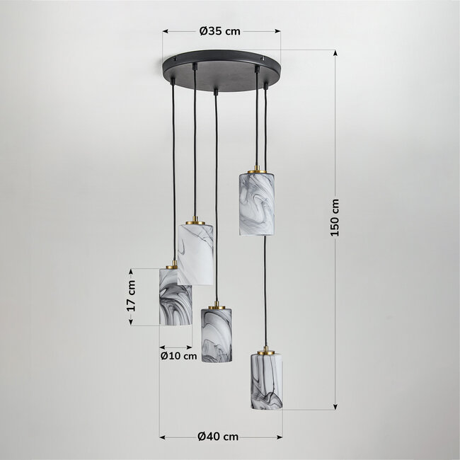 Modern Vetra 5-light pendant lamp with marble-look glass shades – brass Gold and black