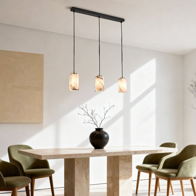 3-light pendant lamp Vetra with marble-look glass shades – brass gold and black