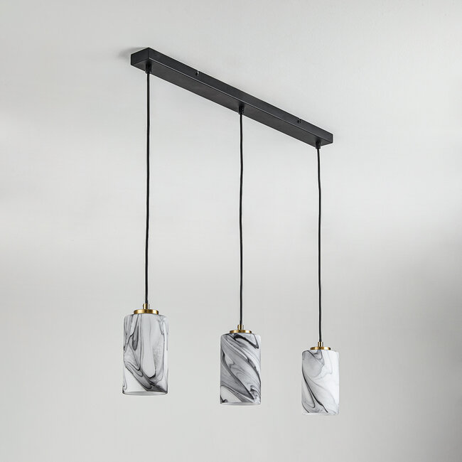 3-light pendant light Vetra with marble-effect glass globes - brass gold and black