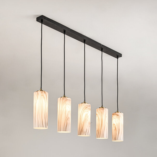 Vetra pendant lamp with marble-look glass shades, 5-light – brass Gold and Black
